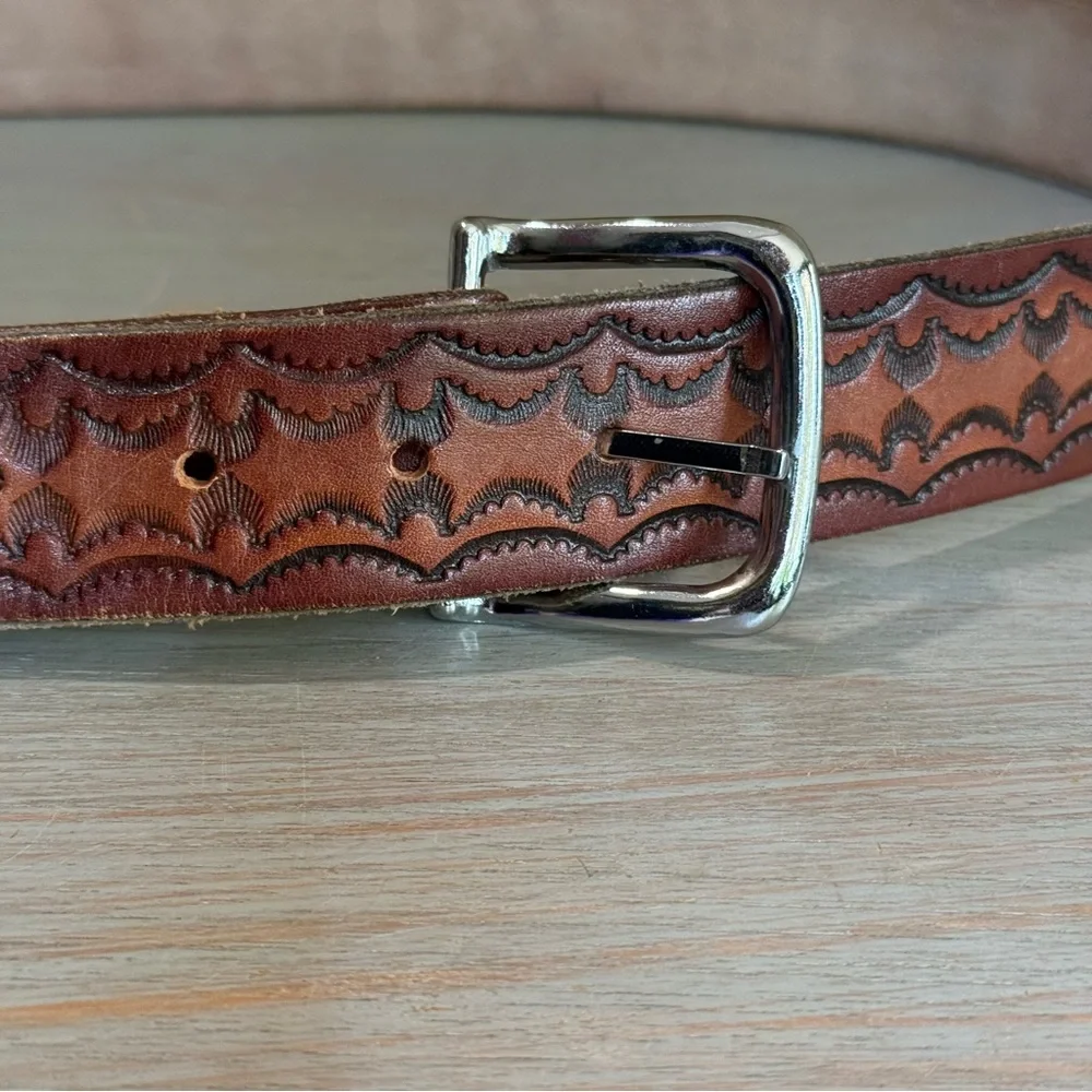 Western Tooled Brown Leather Cowboy Belt Size 45 Made In USA Scrollwork